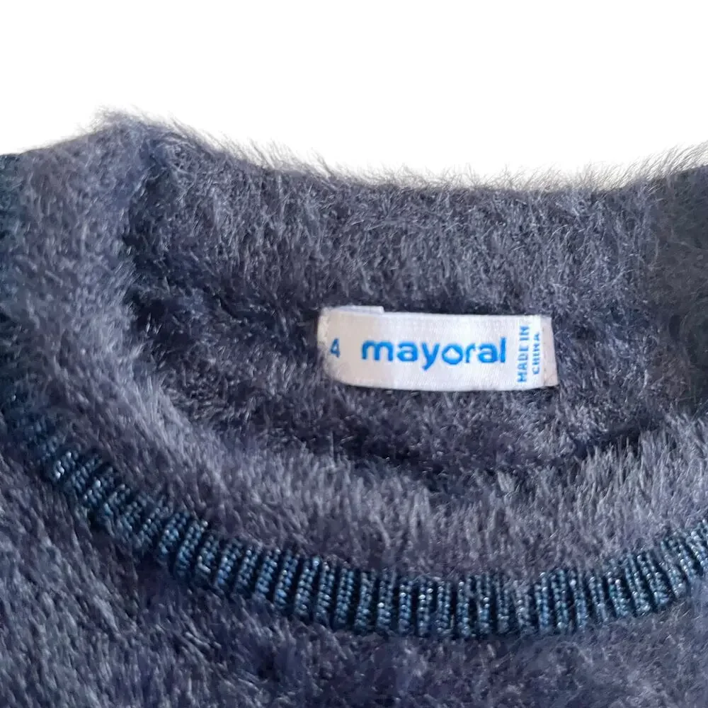 Mayoral Girls Navy Fuzzy Metallic Trim Crewneck Sweater size 4 Cozy